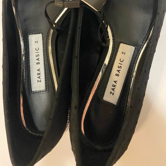 6 ZARA Pointed Shoe Diamond Stud Chrome Heel Polka Dot Lace Flats Black - Picture 5 of 6